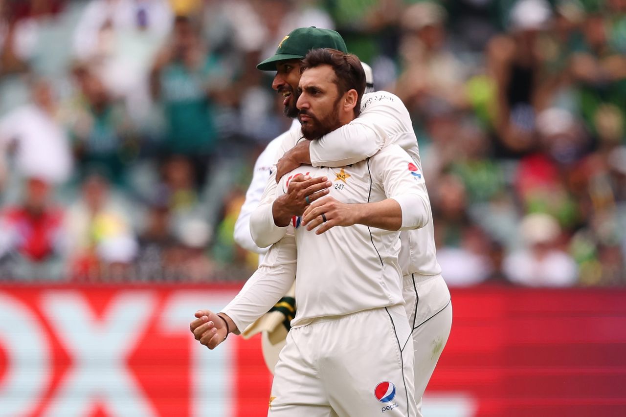 Agha Salman is hugged by Shan Masood after he struck at the stroke of lunch, Australia vs Pakistan, 2nd Test, day one, Melbourne, December 26, 2023