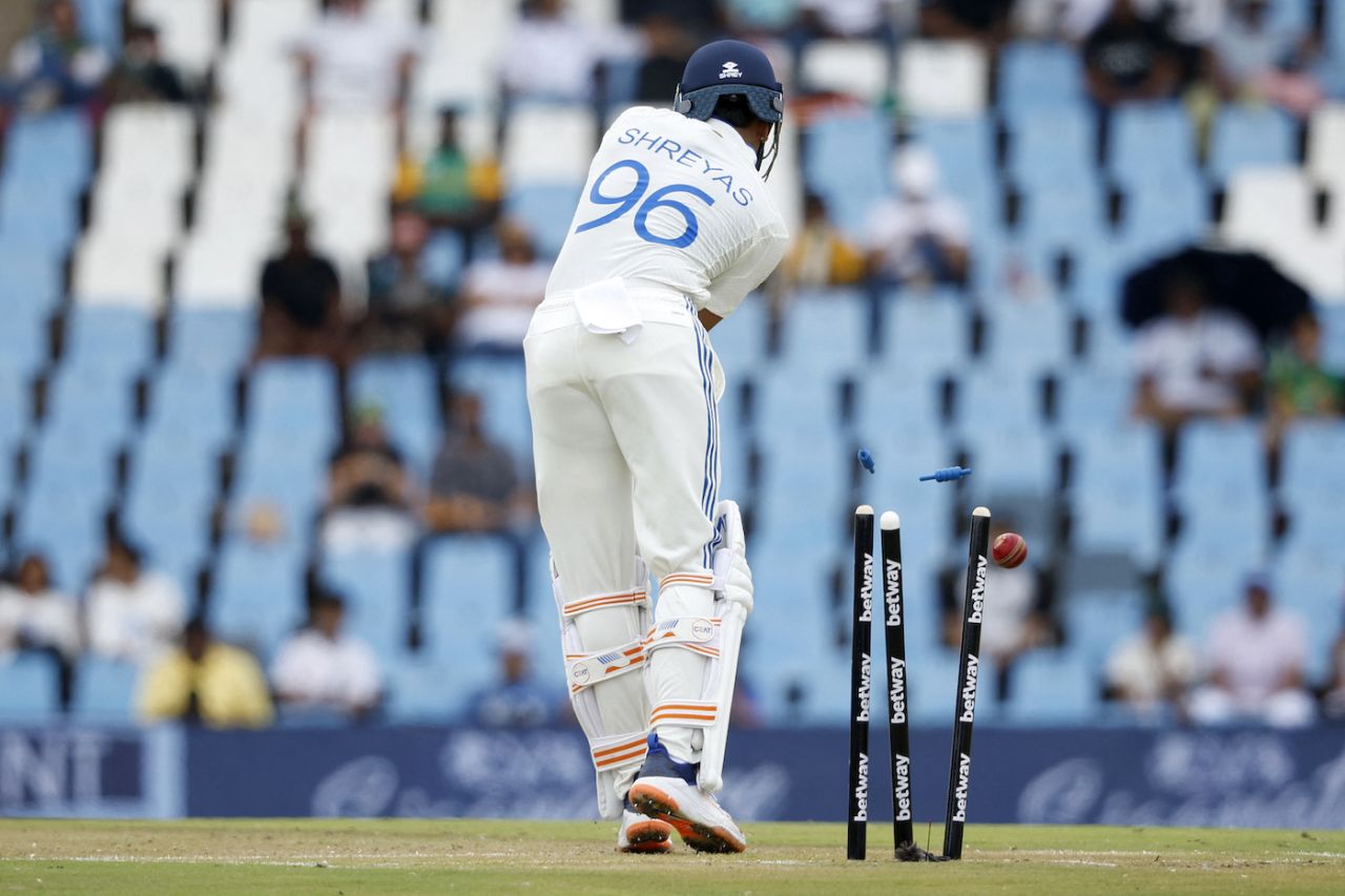 Shreyas Iyer lost his stumps to Kagiso Rabada soon after lunch, South Africa vs India, 1st Test, Centurion, 1st day, December 26, 2023