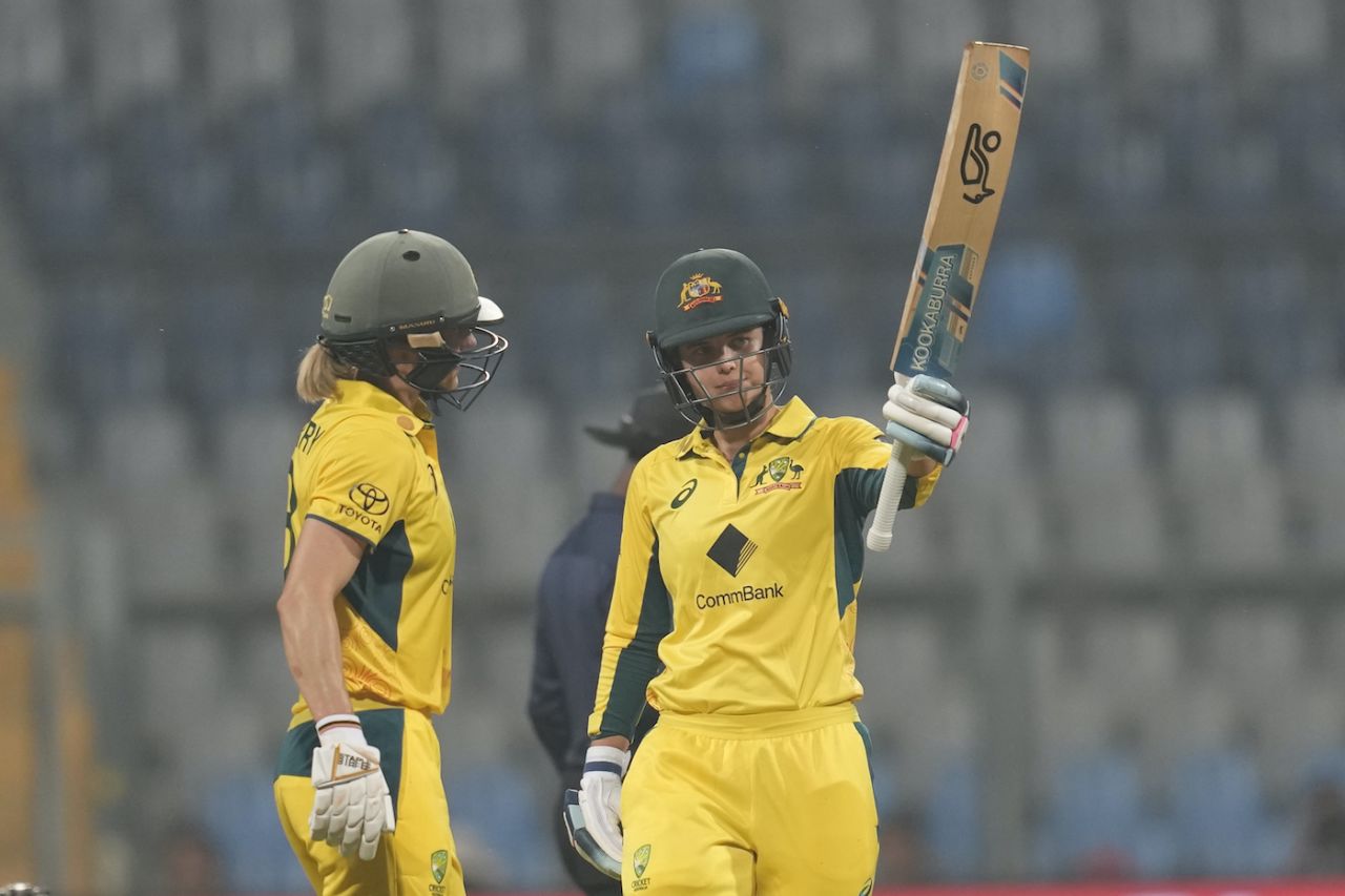 Phoebe Litchfield brought up fifty during her 148-run stand with Ellyse Perry, India vs Australia, 1st Women's ODI, Mumbai, December 28, 2023