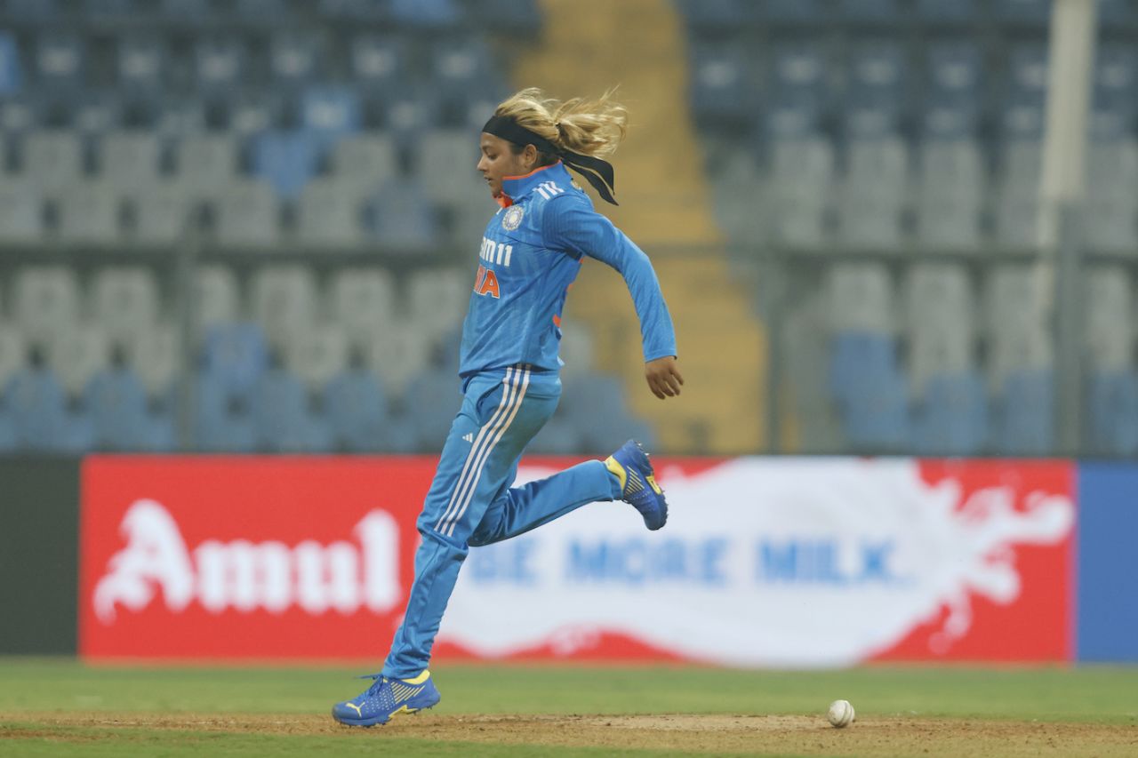 Saika Ishaque steps past the ball, India vs Australia, 1st Women's ODI, Mumbai, December 28, 2023