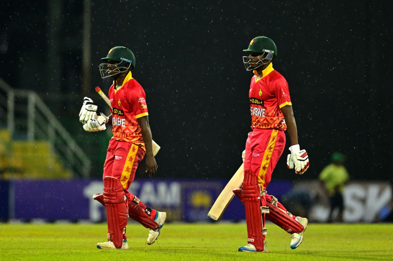 Takudzwanashe Kaitano and Milton Shumba walk back due to a rain interruption, Sri Lanka vs Zimbabwe, 1st ODI, Colombo, January 6, 2024