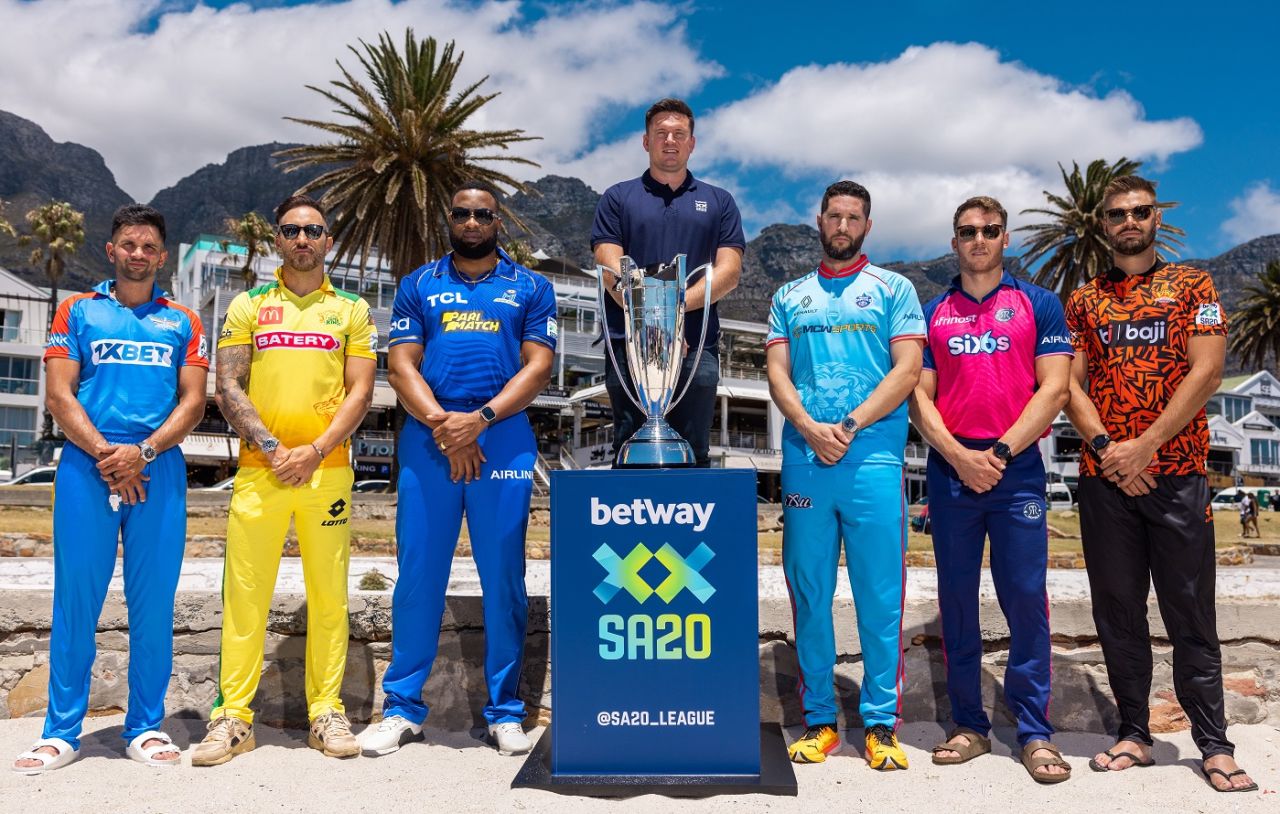 The six SA20 team captains and league commissioner Graeme Smith pose with the trophy, Cape Town, January 9, 2024
