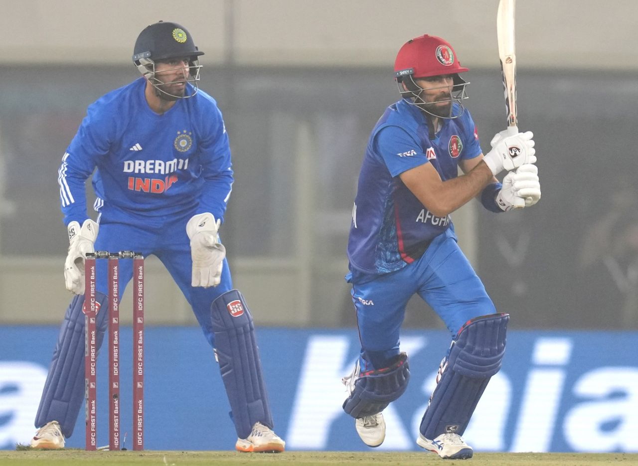 Ibrahim Zadran in action with Jitesh Sharma behind the stumps, India vs Afghanistan, 1st T20I, Mohali, January 11, 2024