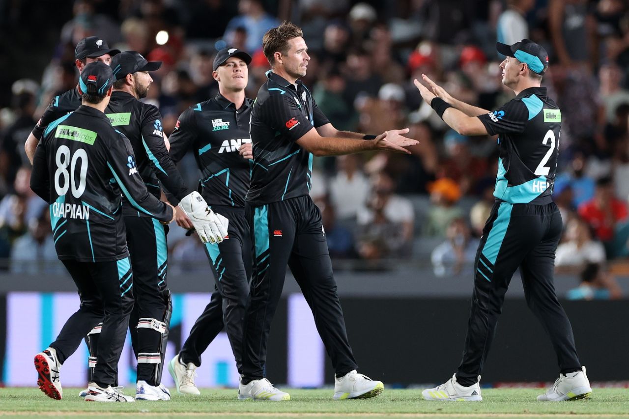 Tim Southee celebrates the wicket of Mohammad Rizwan, New Zealand vs Pakistan, 1st T20I, Auckland, January 12, 2024