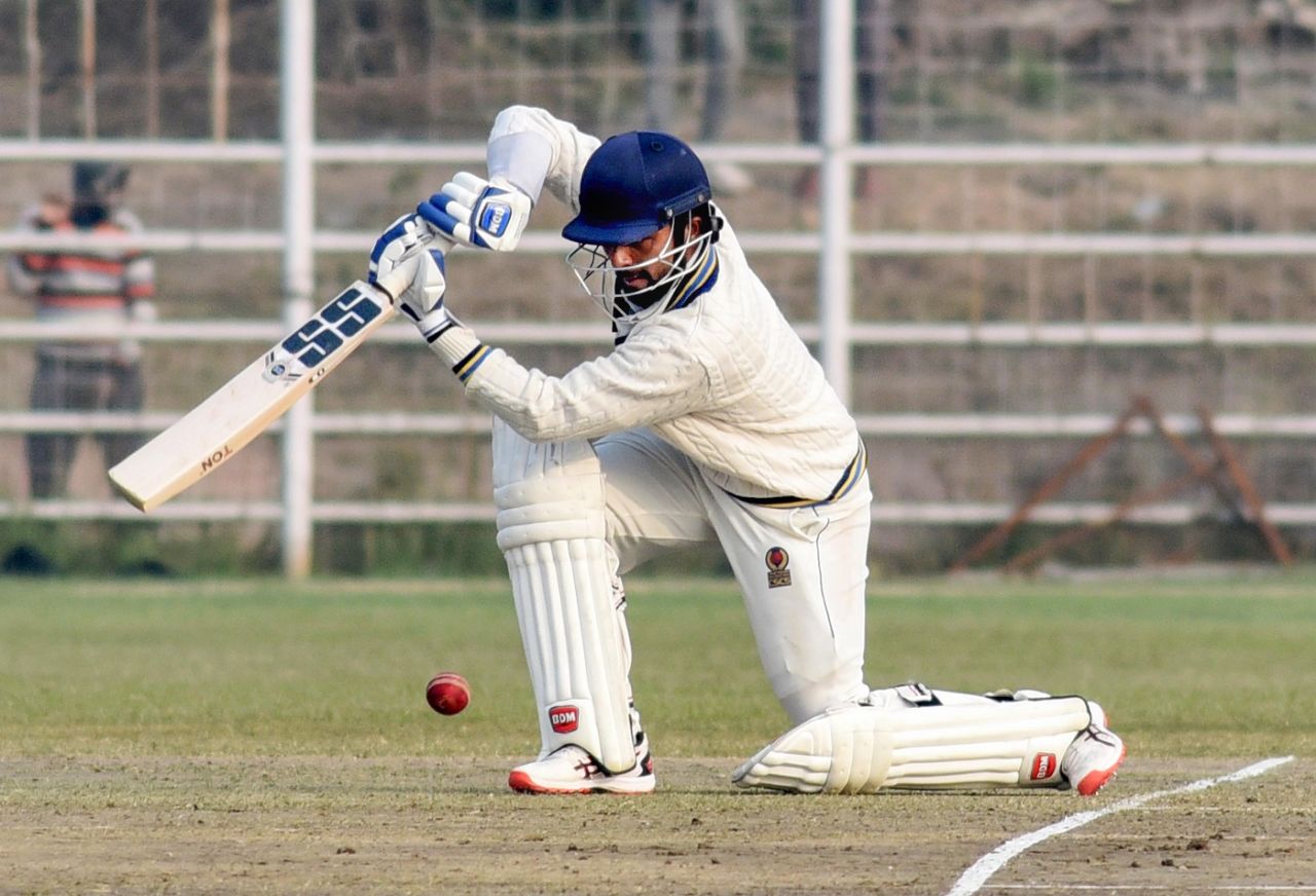 Chhattisgarh's Rishabh Tiwari slices one away, Bihar vs Chhattisgarh, Ranji Trophy 2023-24, Patna, 1st day, January 12, 2024