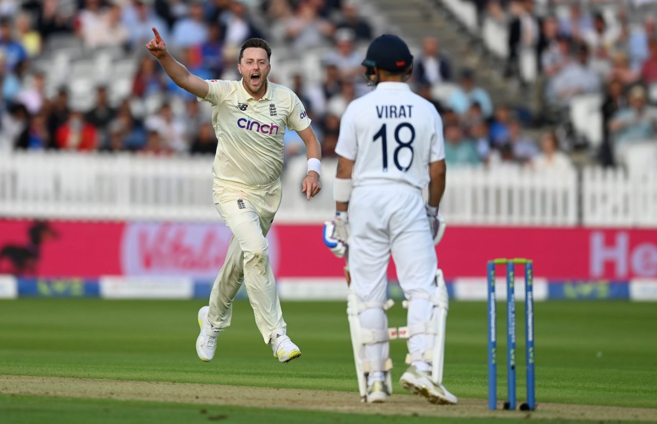 Ollie Robinson celebrates the wicket of Virat Kohli, England vs India, second Test, day two, Lord's, August 12, 2021