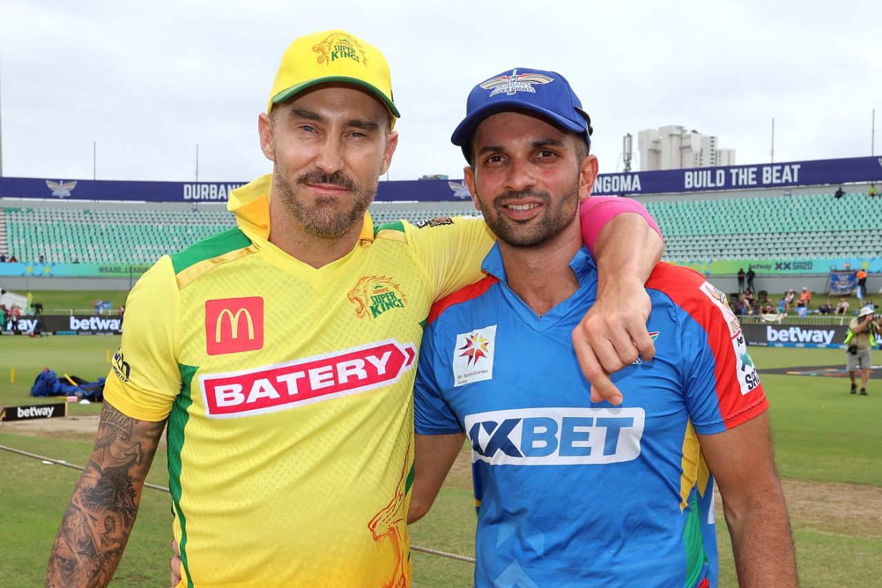 The two captains Faf du Plessis and Keshav Maharaj, Durban's Super Giants vs Joburg Super Kings, Durban, SA20 2023-24, January 15, 2024
