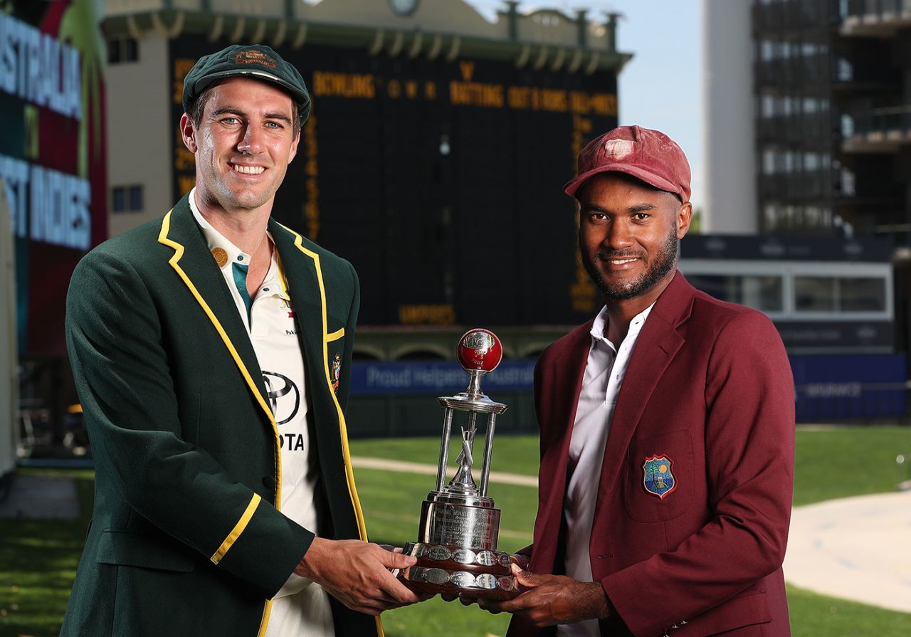 Pat Cummins and Kraigg Brathwaite with the Frank Worrell Trophy, Adelaide, January 16, 2024