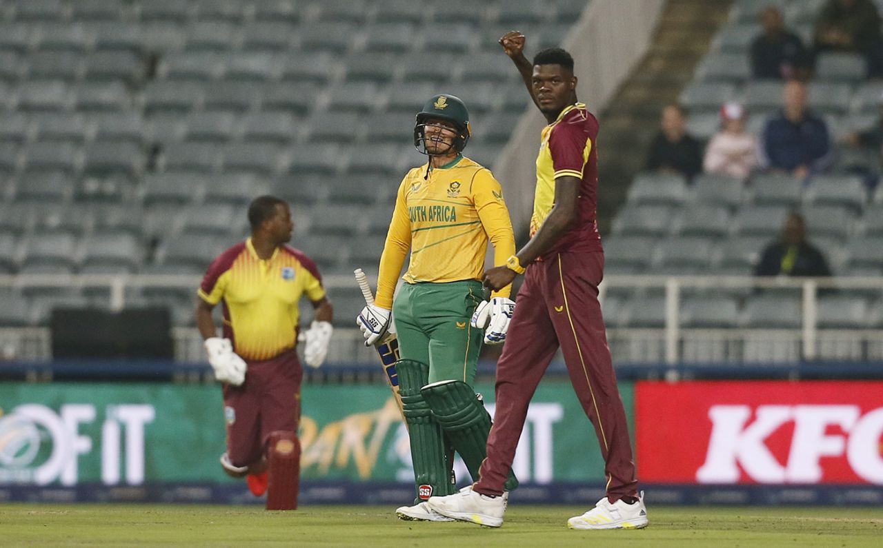 Alzarri Joseph celebrates Quinton de Kock's wicket, South Africa vs West Indies, 3rd T20I, Johannesburg, March 28, 2023