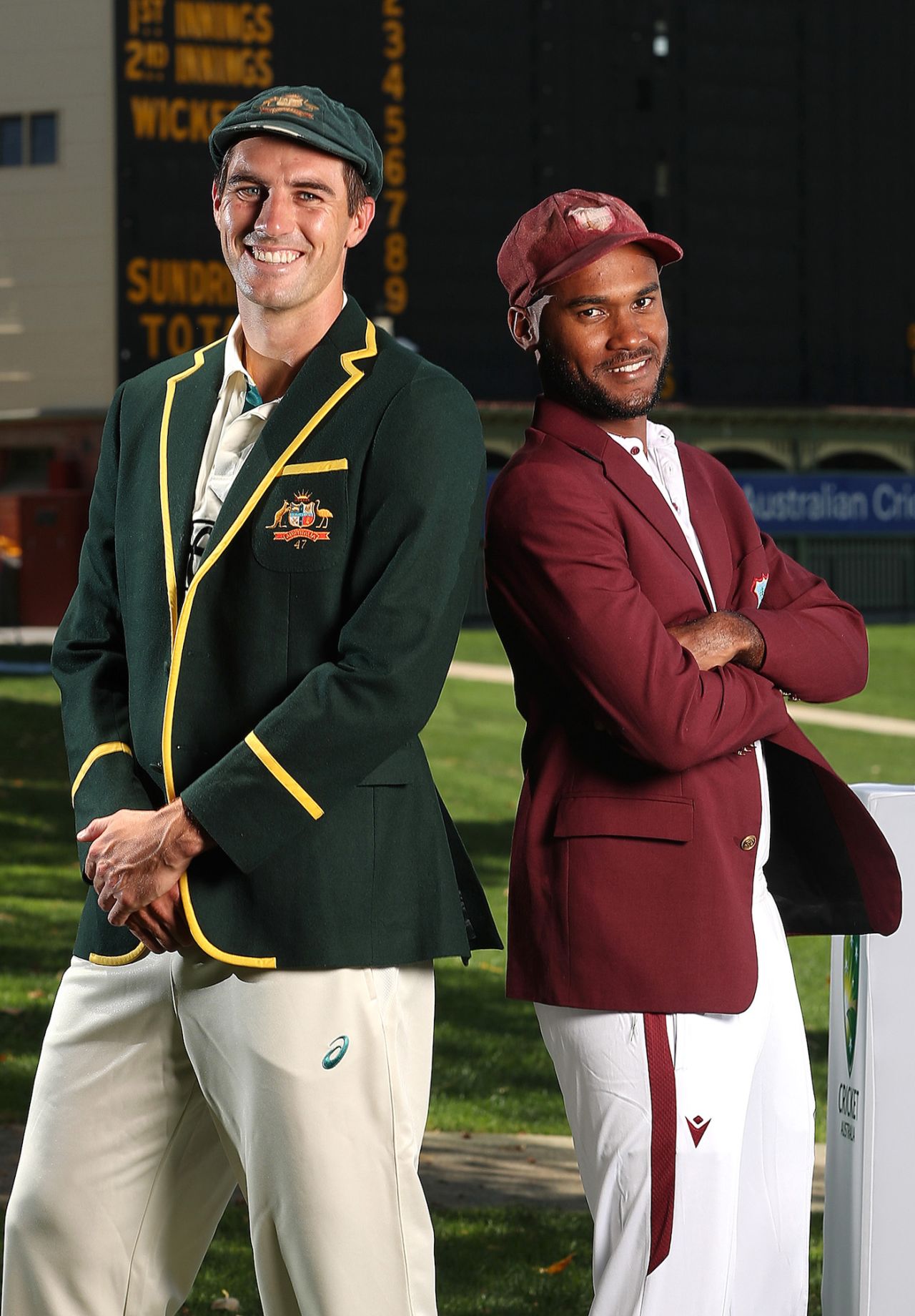 Pat Cummins and Kraigg Brathwaite pose together at the trophy launch, Australia vs West Indies, 1st Test, Adelaide, January 16, 2024