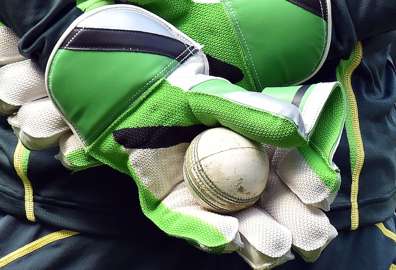 A view of the keeping gloves and a ball, Melbourne, March 28, 2015