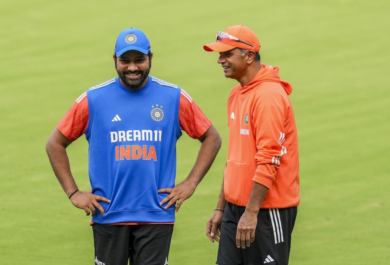 Rohit Sharma and Rahul Dravid share a joke at India's training session, Bengaluru, January 16, 2024