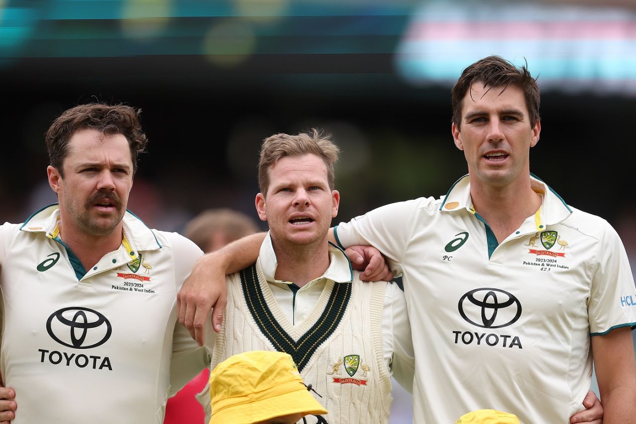 Travis Head, Steven Smith and Pat Cummins during the anthem, Australia vs West Indies, 1st Test, Adelaide, first day January 17, 2024