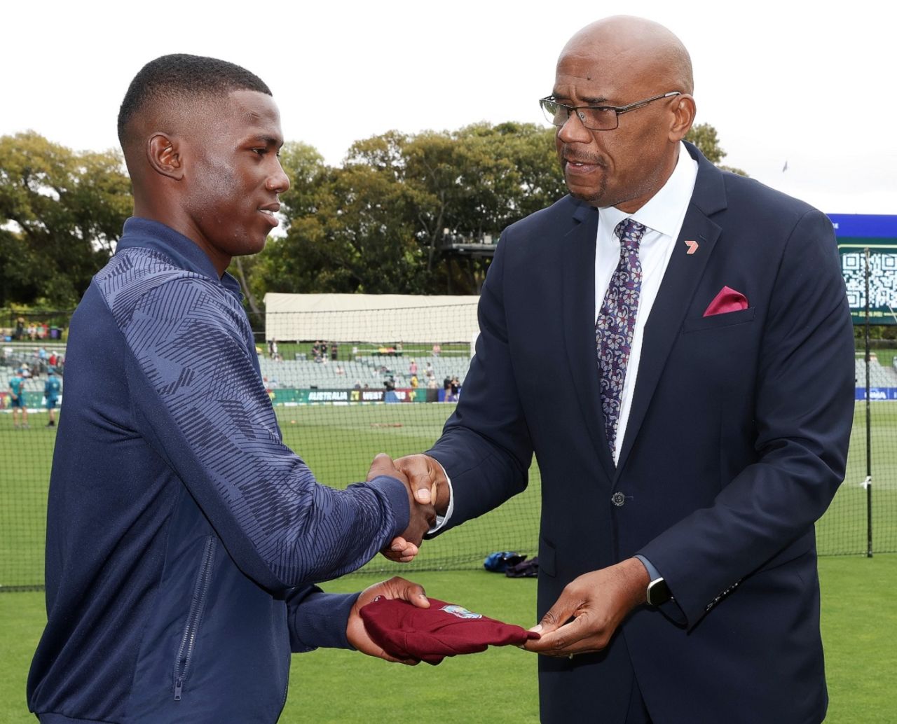 Shamar Joseph receives his maiden international cap from Ian Bishop, Australia vs West Indies, 1st Test, Adelaide, first day, January 17, 2024