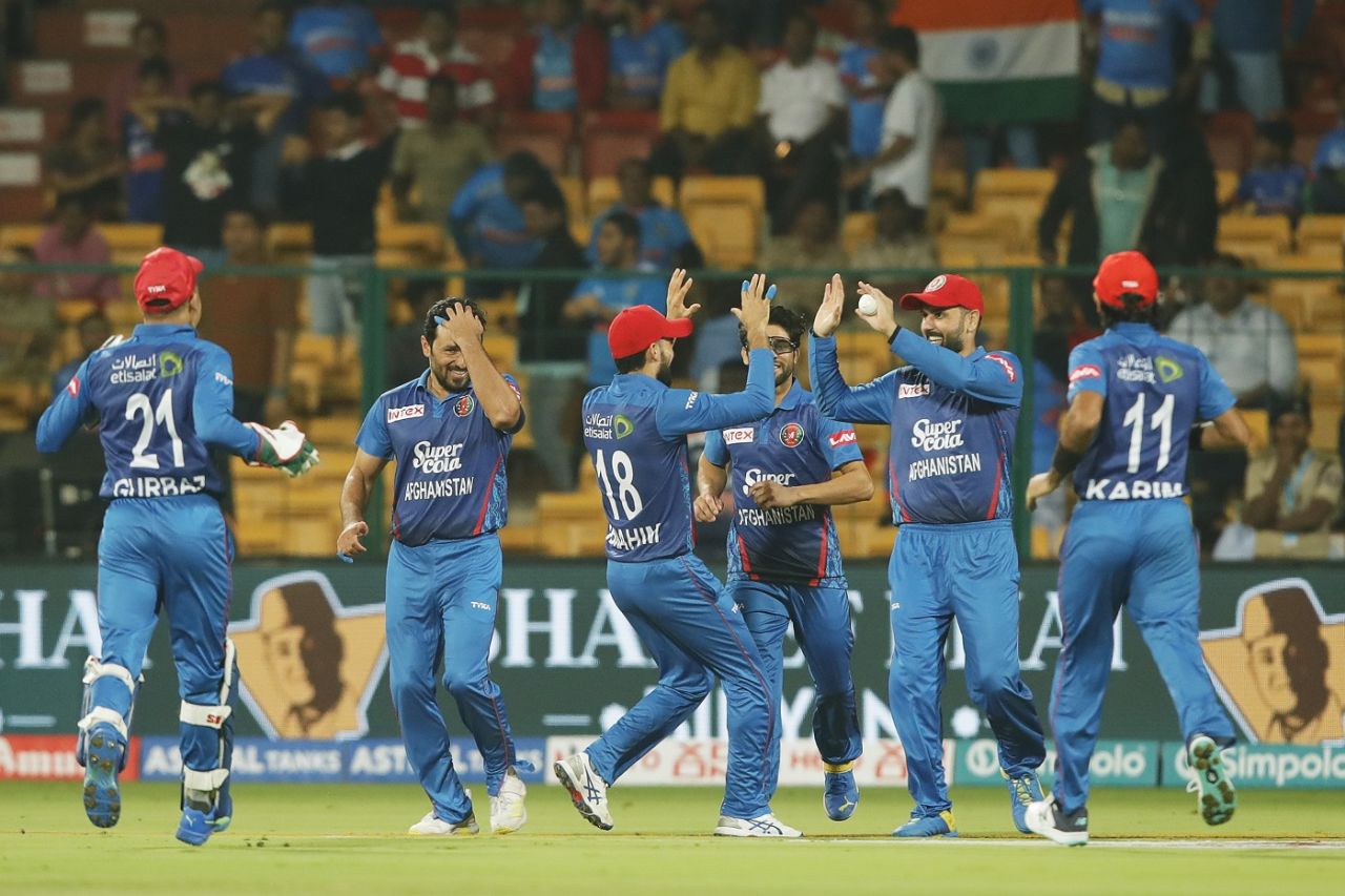 Afghanistan players celebrate the dismissal of Yashasvi Jaiswal, India vs Afghanistan, 3rd T20I, Bengaluru, January 17, 2024
