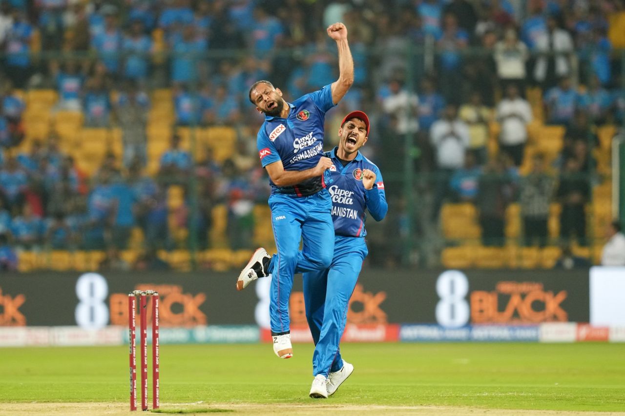 Fareed Ahmad rattled India with three wickets in the powerplay, India vs Afghanistan, 3rd T20I, Bengaluru, January 17, 2024