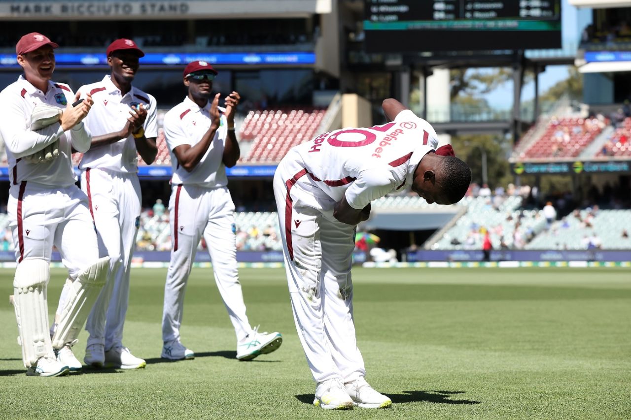 Shamar Joseph bows to the crowd after his maiden Test five-for, Australia vs West Indies, 1st Test, Adelaide, 2nd day, January 18, 2024