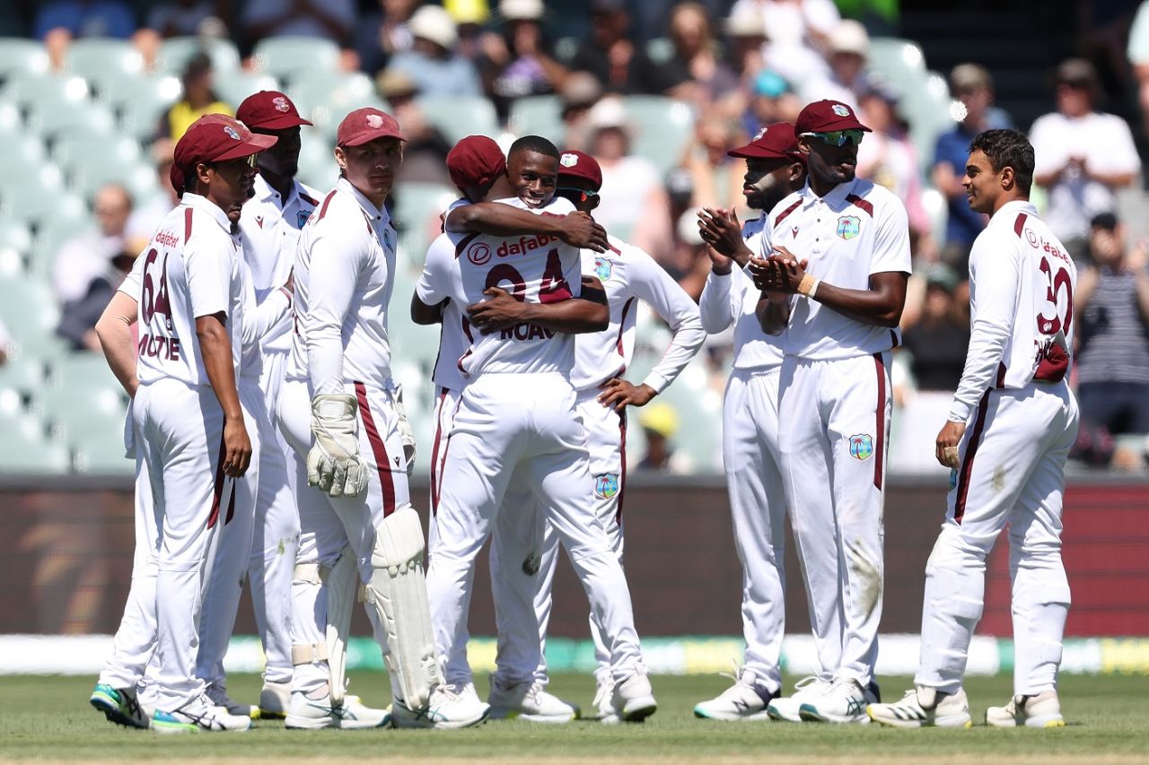 Shamar Joseph gets a bear hug from Kemar Roach after his five-wicket haul, Australia vs West Indies, 1st Test, Adelaide, 2nd day, January 18, 2024