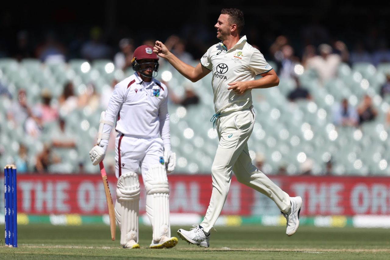 Josh Hazlewood struck with his first ball in the second dig, Australia vs West Indies, 1st Test, Adelaide, 2nd day, January 18, 2024
