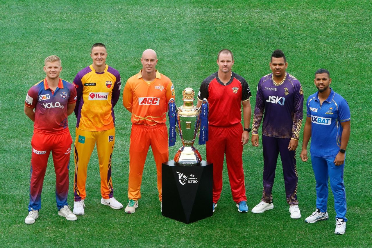 Sam Billings, Tom Kohler-Cadmore, Chris Lynn, Colin Munro, Sunil Narine and Nicholas Pooran pose with the ILT20 trophy, Dubai, January 18, 2024