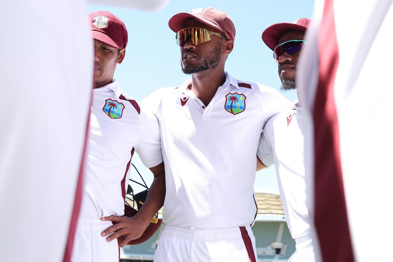 Kraigg Brathwaite has a few inspiring words before leading West Indies out after tea, Australia vs West Indies, 1st Test, Adelaide, 2nd day, January 18, 2024