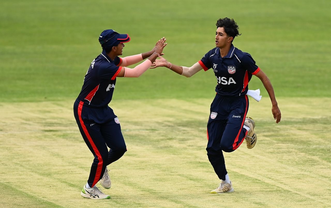 Arya Garg celebrates a wicket, Ireland vs USA, Under-19 men's World Cup, Group A, Bloemfontein, January 19, 2024