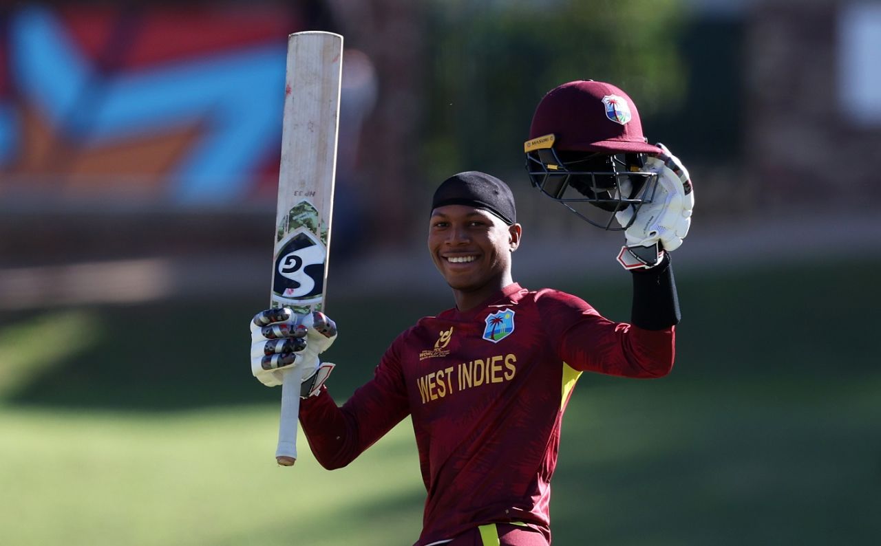 Jewel Andrew celebrates his hundred, South Africa vs West Indies, Under-19 men's World Cup, Group B, Potchefstroom, January 19, 2024