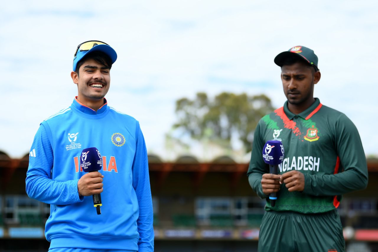 Uday Saharan and Mahfuzur Rahman Rabby at the toss, Bangladesh vs India, Under-19 World Cup, Bloemfontein, January 20, 2024