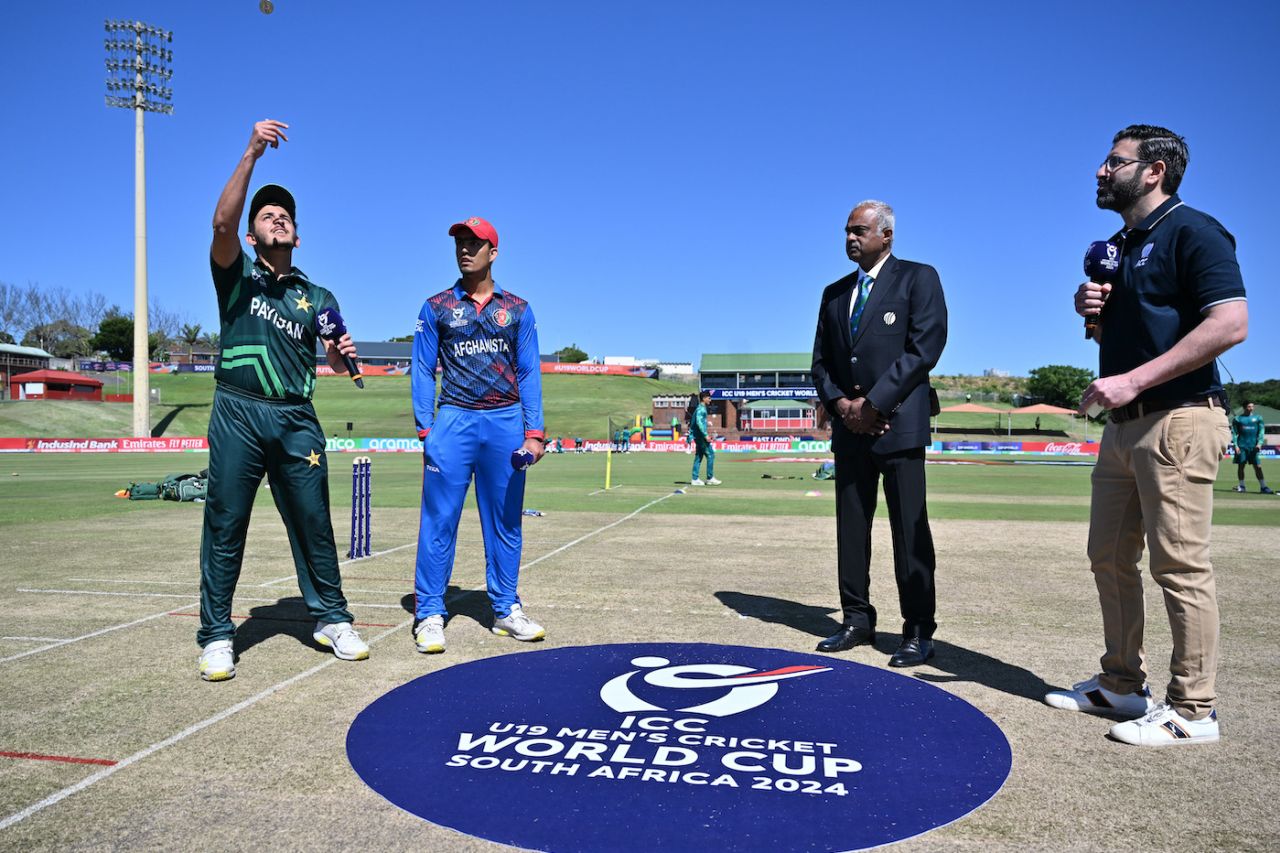 Saad Baig flips the coin - Naseer Khan Maroofkhil called wrong and had to field first, Afghanistan vs Pakistan, Under-19 World Cup, East London, January 20, 2024