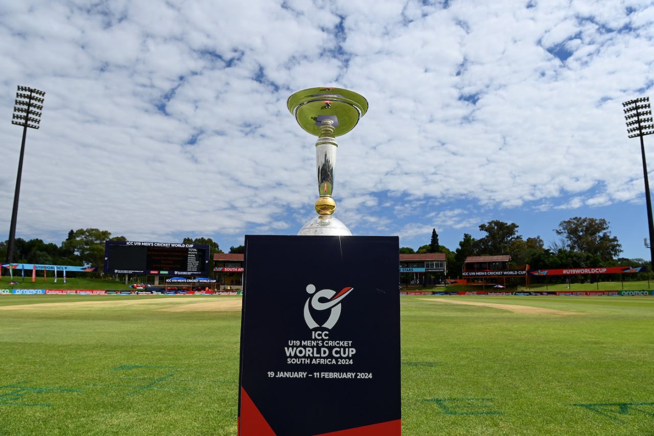 The men's Under-19 World Cup trophy is displayed groundside, Bangladesh vs India, Under-19 World Cup, Bloemfontein, January 20, 2024