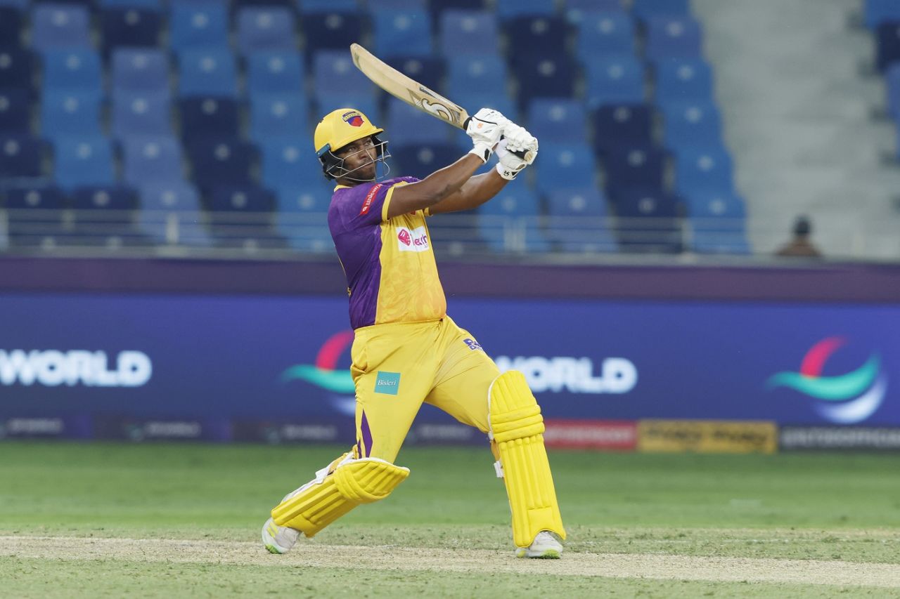 Johnson Charles was in his elements as he hammered 93 off 51 balls with eight fours and six sixes, Sharjah Warriors vs Dubai Capitals, ILT20 2024, Dubai, January 22, 2024
