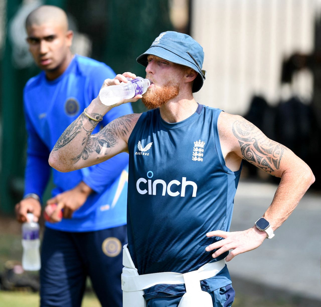 Ben Stokes has a drink during a net session ahead of the first Test against India, Hyderabad, January 23, 2023