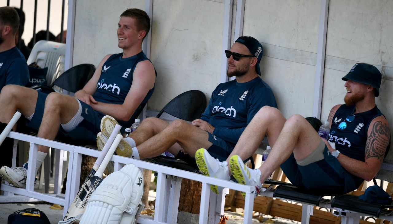 Zak Crawley, Brendon McCollum and Ben Stokes at a training session ahead of the first Test against India, Hyderabad, January 23, 2023