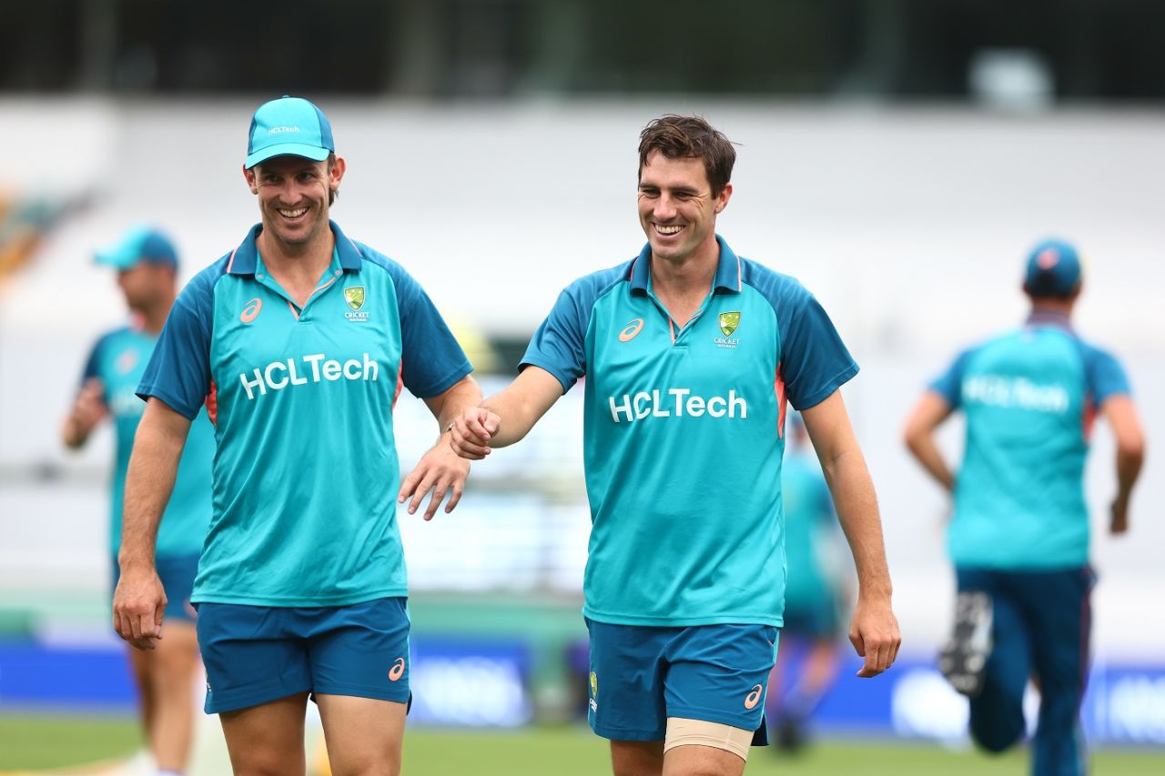 Mitchell Marsh and Pat Cummins share a light moment during training, Australia vs West Indies, Brisbane, January 23, 2024