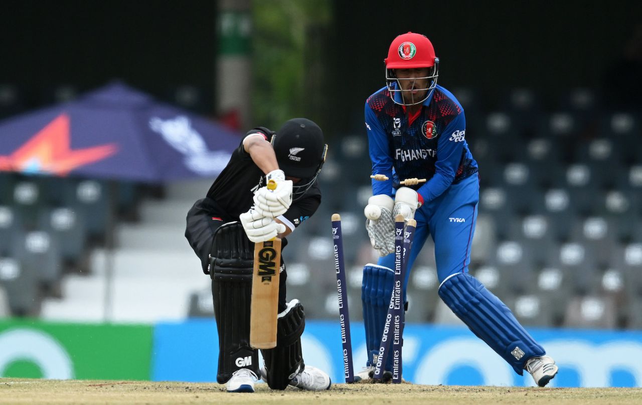 Oliver Tewatiya bagged a first-ball duck, New Zealand vs Afghanistan, Under-19 World Cup 2024, East London, January 23, 2024