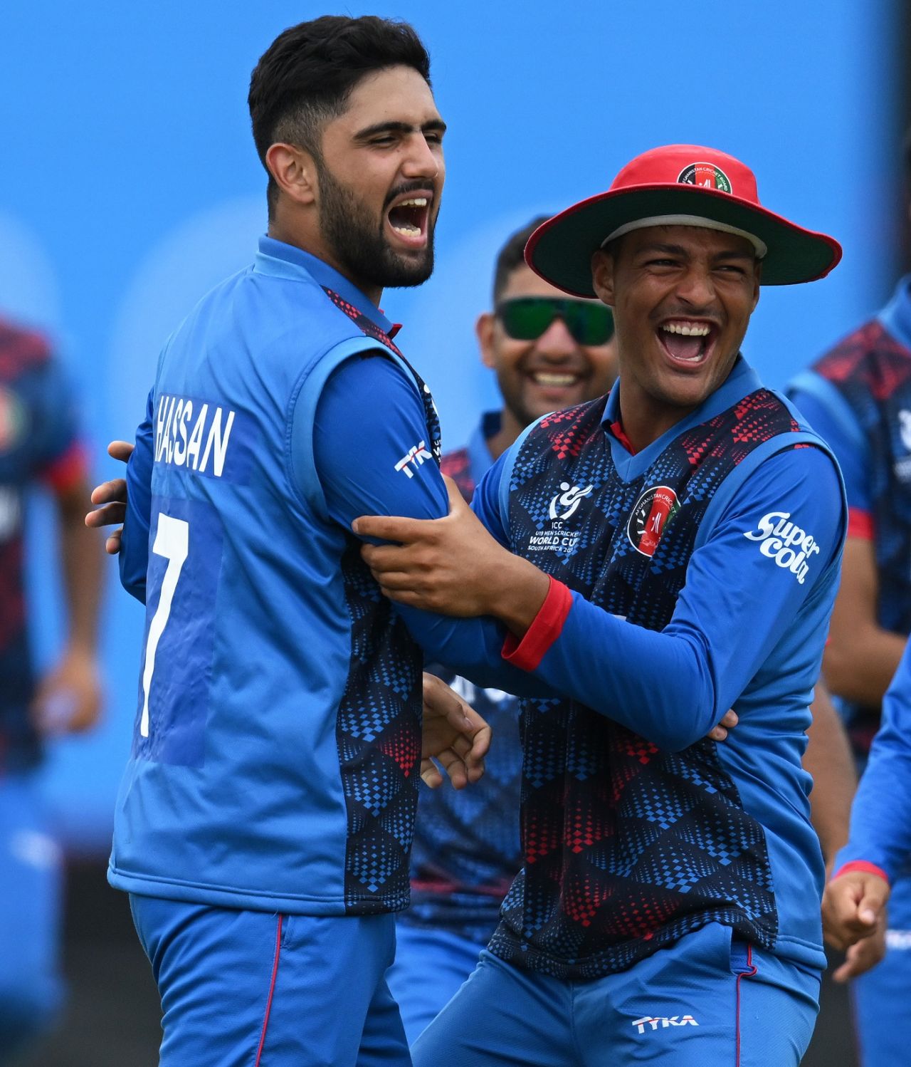 Hassan Eisakhil and Allah Mohammad Ghazanfar get together, New Zealand vs Afghanistan, Under-19 World Cup 2024, East London, January 23, 2024