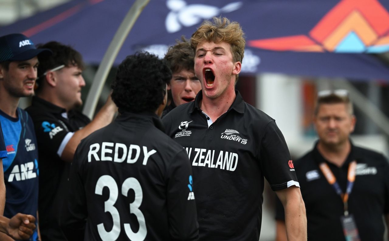 Oscar Jackson is pumped after New Zealand sealed a one-wicket win, New Zealand vs Afghanistan, Under-19 World Cup 2024, East London, January 23, 2024