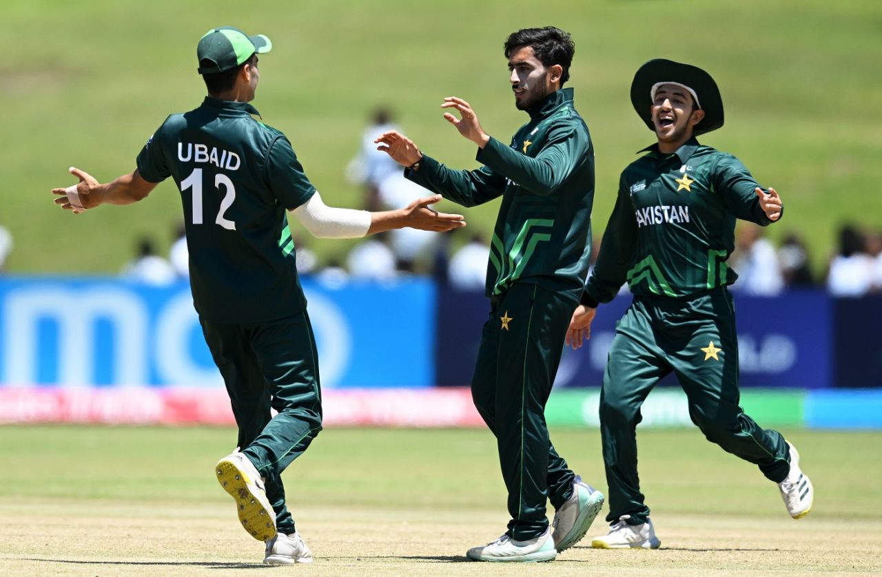 Arafat Minhas celebrates the wicket of Uttam Magar, Nepal vs Pakistan, U-19 Men's World Cup, East London, January 24, 2024