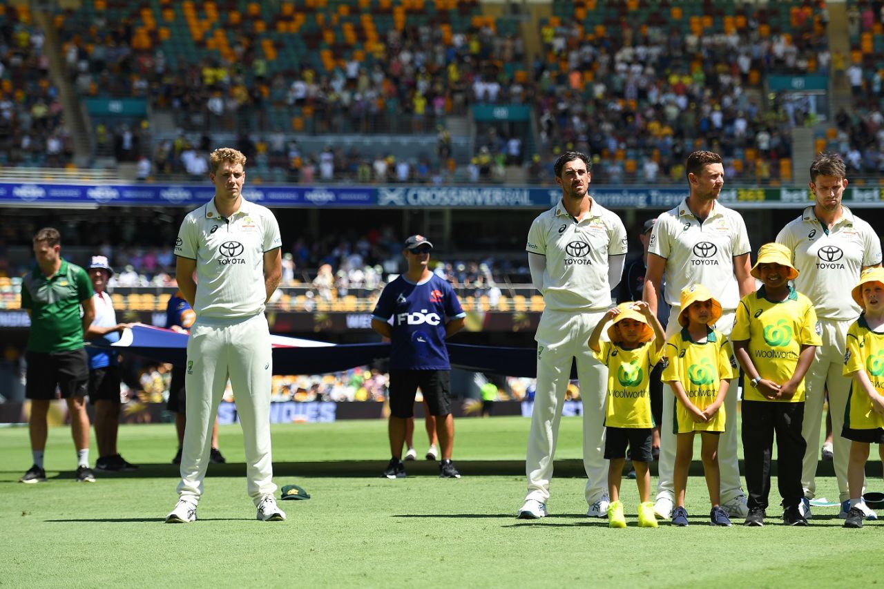 Cameron Green had to stand away from the team during the national anthem due to covid, Australia vs West Indies, 2nd Test, Brisbane, day 1, January 25, 2024
