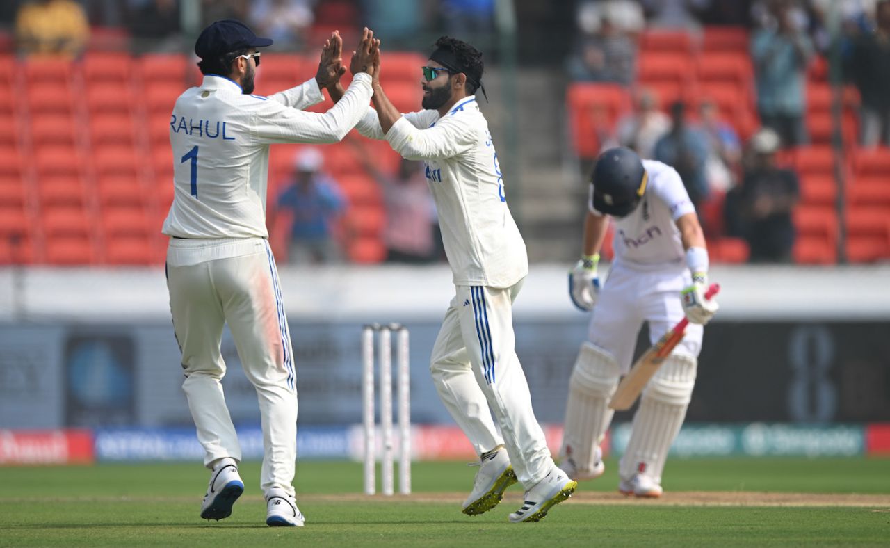Ravindra Jadeja celebrates the wicket of Ollie Pope, India vs England, 1st Test, Hyderabad, 1st day, January 25, 2024