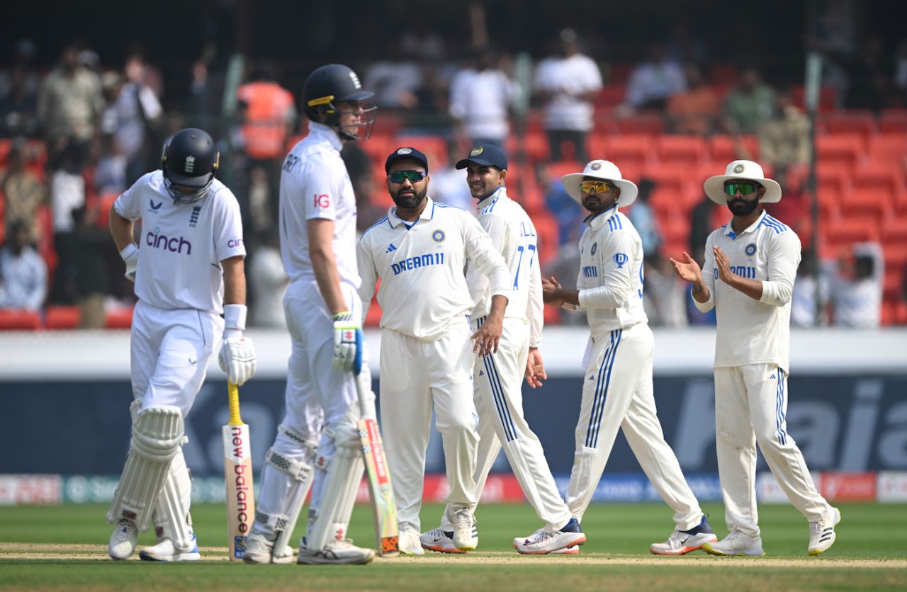 India celebrate as Zak Crawley is given out caught by the TV umpire, India vs England, 1st Test, Hyderabad, 1st day, January 25, 2024