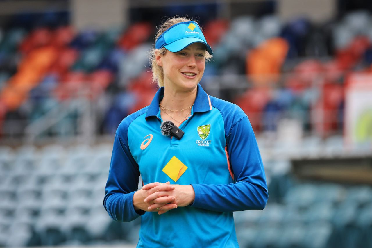Ellyse Perry speaks at a media event, Canberra, January 25, 2024