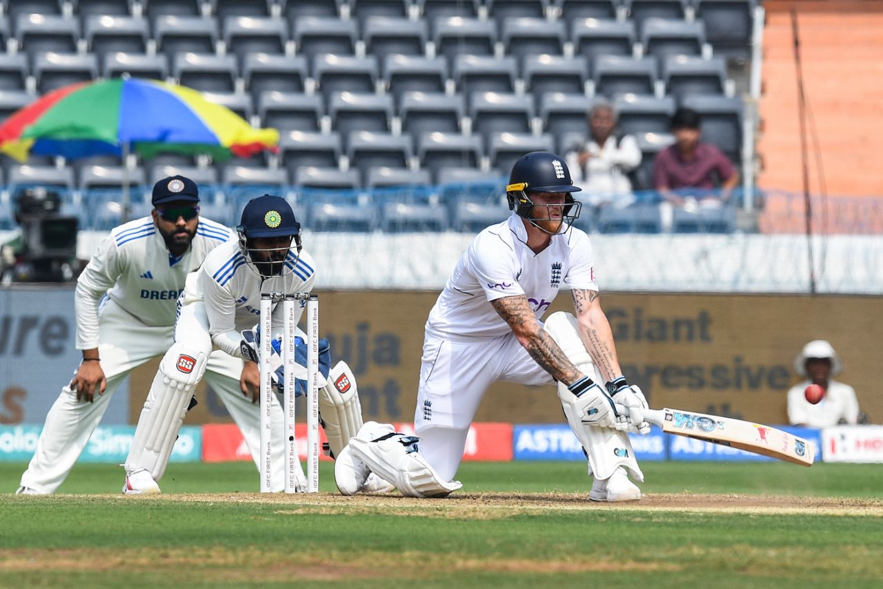 Ben Stokes plays the reverse sweep, India vs England, 1st Test, Hyderabad, 1st day, January 25, 2024