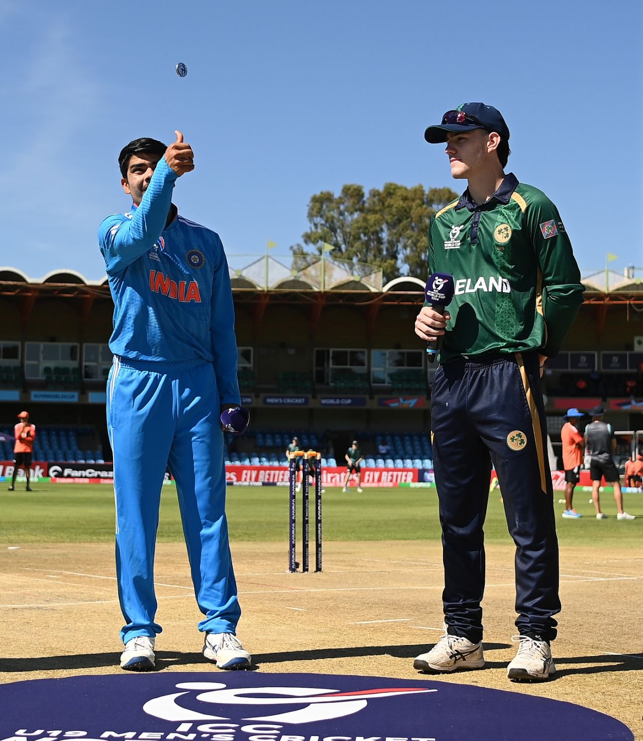 Uday Saharan spins the coin as Philippus le Roux calls, India vs Ireland, Under-19 Men's World Cup, Bloemfontein, January 25, 2024