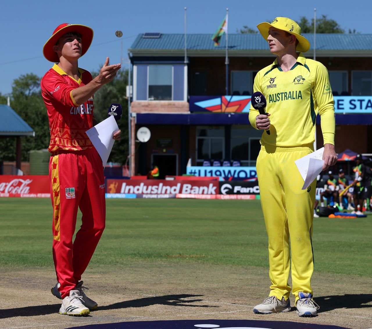 Hugh Weibgen calls as Matthew Schonken tosses the coin, Zimbabwe vs Australia, Under-19 Men's World Cup, Kimberley, January 25, 2024