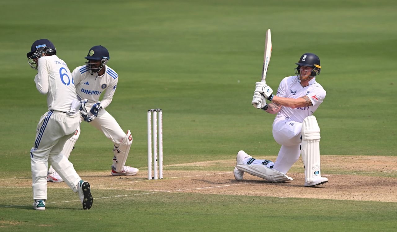 Ben Stokes scatters the field with a sweep, India vs England, 1st Test, Hyderabad, 1st day, January 25, 2024