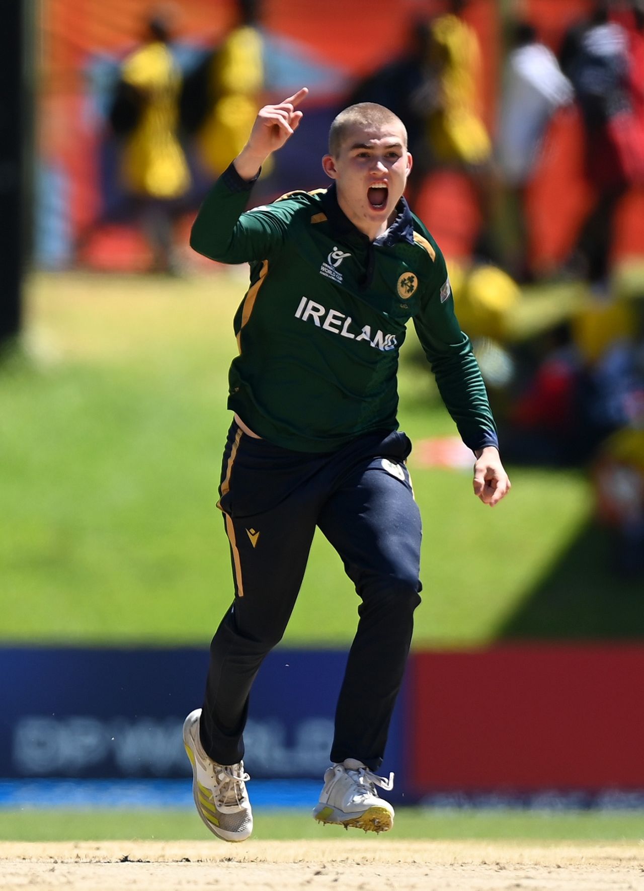 John McNally celebrates dismissing Adarsh Singh, India vs Ireland, Under-19 Men's World Cup, Bloemfontein, January 25, 2024
