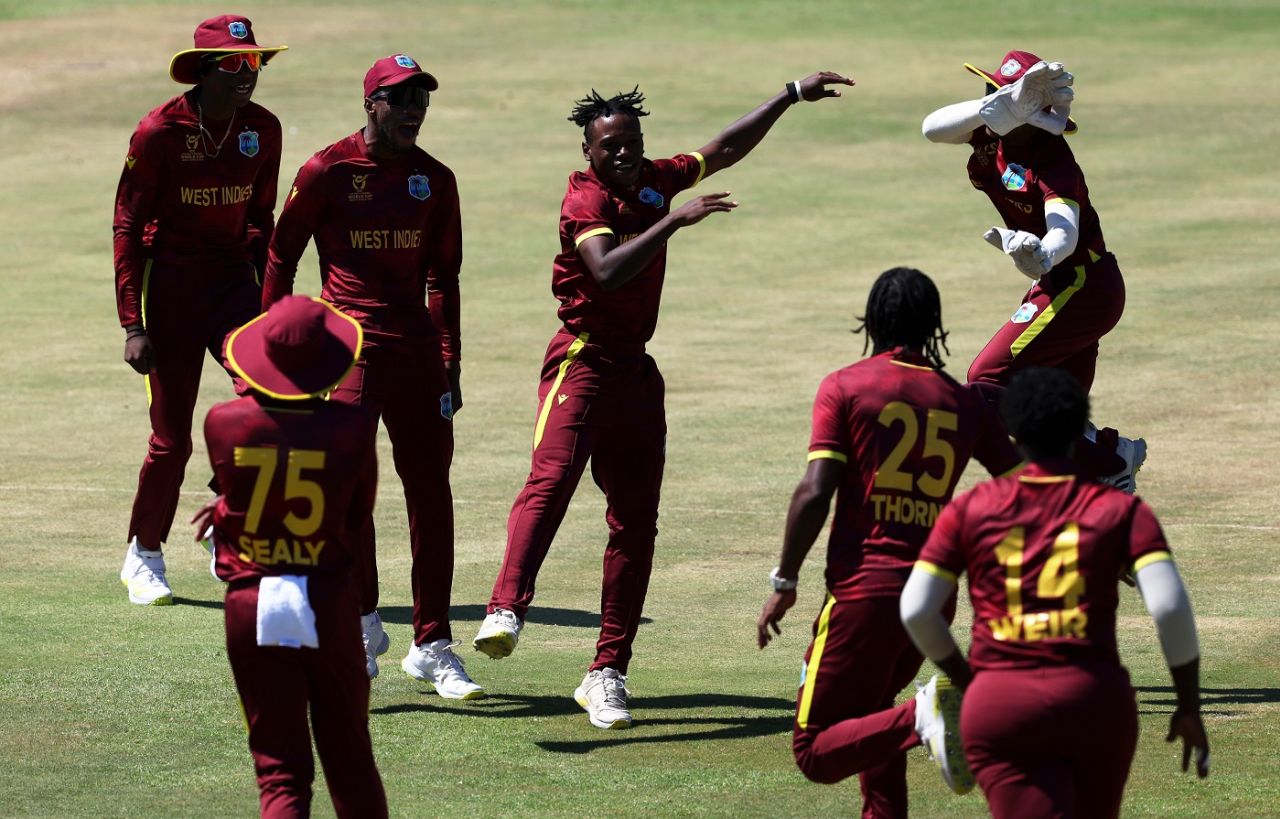 Nathan Edward is overjoyed after cleaning up Jaydn Denly in the first over, England vs West Indies, U19 World Cup, Potchefstroom, January 26, 2024