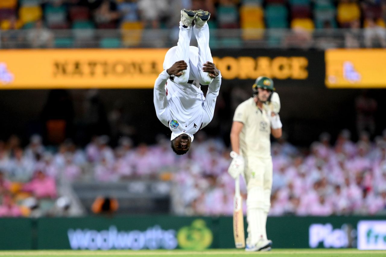 Kevin Sinclair celebrates his first Test wicket with a somersault, Australia vs West Indies, 2nd Test, Brisbane, 2nd day, January 26, 2024