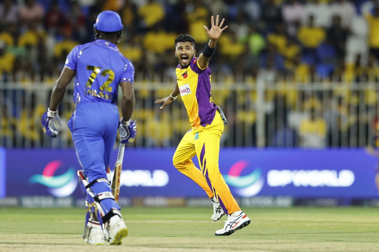 Dilshan Madushanka belts out an appeal, Sharjah Warriors vs MI Emirates, ILT20 2024, Sharjah, January 26, 2024
